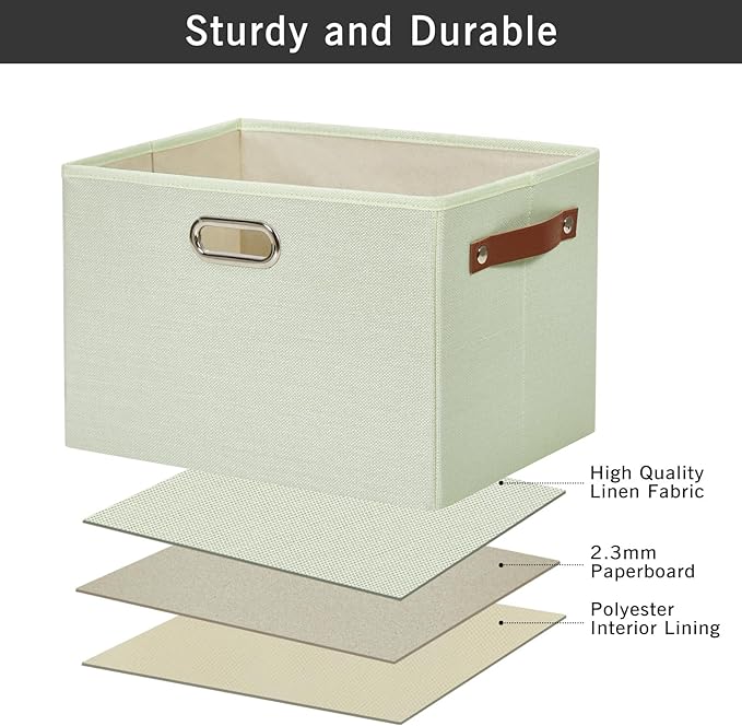 Large 3-Pack Foldable Fabric Storage Bins with Durable PU & Metal Handles, Collapsible Storage Baskets for Shelves, Home Storage, Closet Organizers, Living Room(14.9"x9.8"x9.8", Sage Green)-Ruum Studio Home