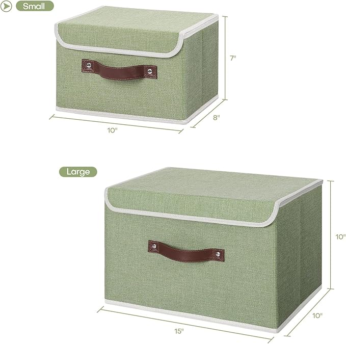 ANMINY Storage Bin with Lid Storage Boxes with PU Leather Handles PP Plastic Board Decorative Foldable Lidded Cotton Linen Fabric Home Cubes Baskets Closet Organizer Container - Green, Small Size-Ruum Studio Home