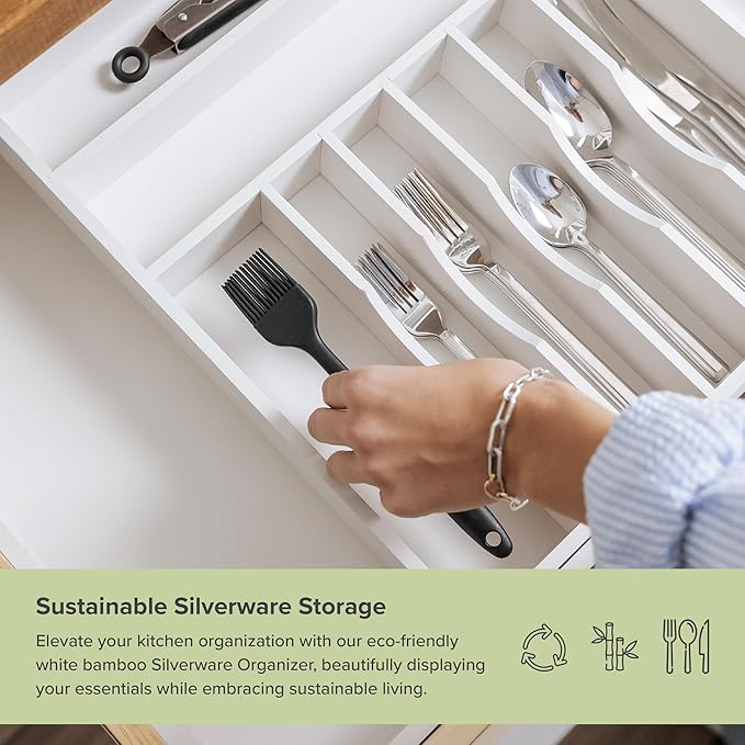 Premium Silverware, Flatware and Utensil Organizer for Kitchen Drawers, Food-Safe Contract Grade, Expandable from 18 to 33 In, White Bamboo-Ruum Studio Home