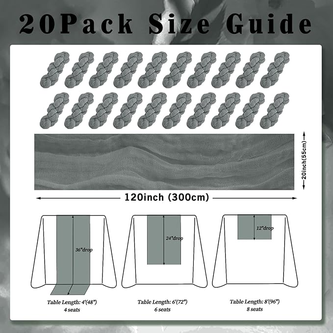 20 Pack Gray 10FT Cheesecloth Table Runner Rustic Gauze Fabric Cheese Cloth Table Runner for Wedding Bridal Baby Shower Table Decor 20 x 120 Inch Long Boho Sheer Birthday Party Table Decorations-Ruum Studio Home