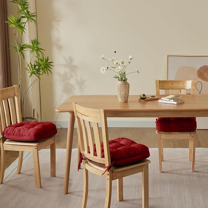 Chair Cushions for Dining Chairs, Dining Chair Cushions, Tufted Indoor Chair Pads with Ties & Non Slip Backing, Seat Cushions for Kitchen Chairs 16.5” x 16.5” x 3.5”, Set of 4, Red-Ruum Studio Home
