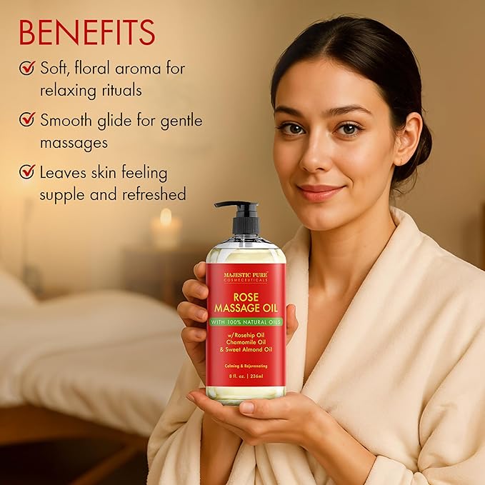 MAJESTIC PURE Rose Massage Oil for Massage Therapy - Refreshing, and Relaxing - Natural Oils - for All Skin Types - Men and Women - 8 fl oz-Ruum Studio Home