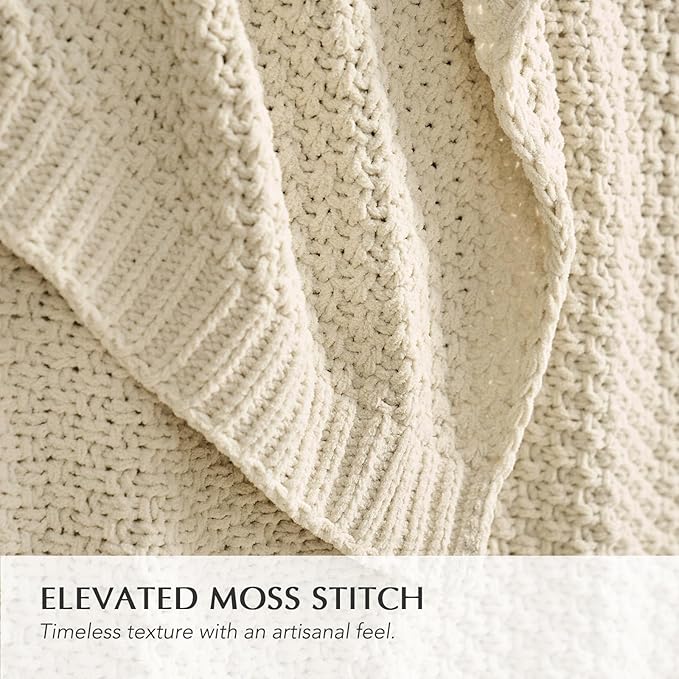Chunky Chenille Knit Throw Blanket for Couch, Soft Luxurious Moss Stitch Blankets for Bed, Cozy Decorative Farmhouse Knitted Throws for Sofa, Beige, 50" x 60"-Ruum Studio Home