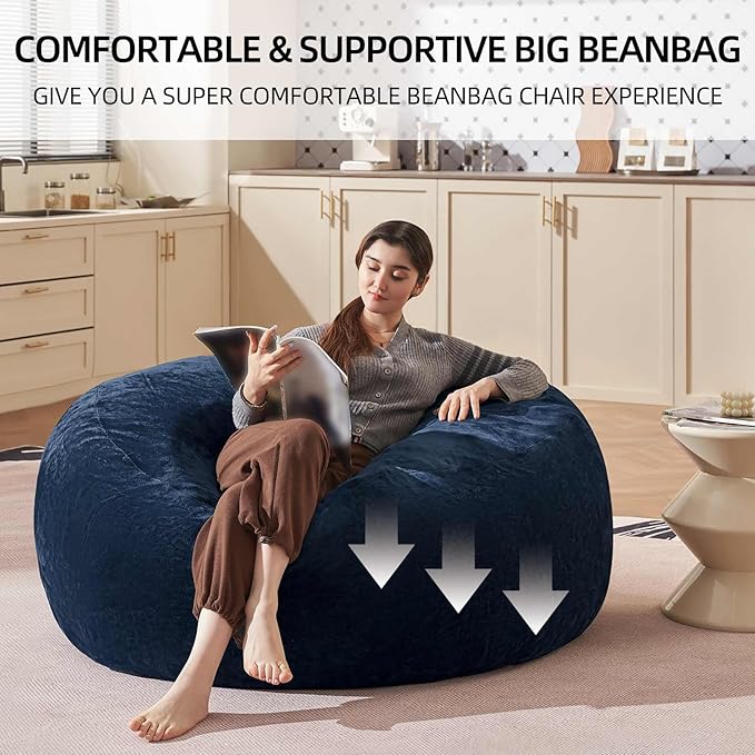 Bean Bag Chair 4Ft, Memory Foam Filled, Large Beanbag Chairs for Adults and Teens, Soft Sofa with Removable Flannel Cover, Round Couch for Living Room Bedroom College Dorm (Blue, 4FT-47×47"×24")-Ruum Studio Home