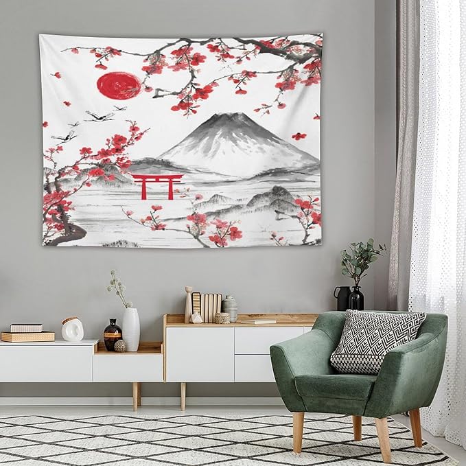 Red Cherry Blossoms Tapestry, Japanese Fuji Mountain Tapestry, Asian Japanese Wall Tapestry, Nature Landscape Tapestries for Bedroom Living Room Decor 80"x60"-Ruum Studio Home