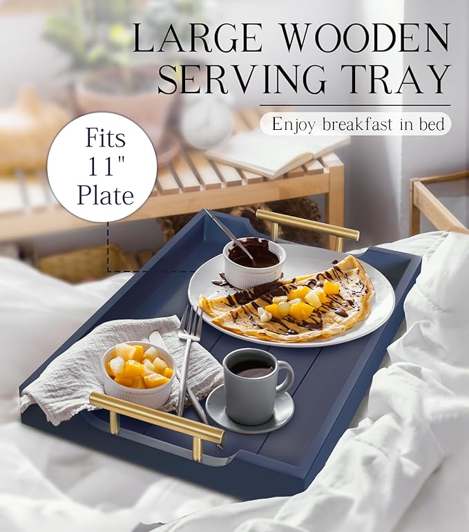 Coffee Table Tray - Large Ottoman Tray for Living Room - Wood Serving Tray with Handles(2 Sets) - Wooden Trays for Coffee Tables, 4 Round Coasters Included, Deep Blue-Ruum Studio Home