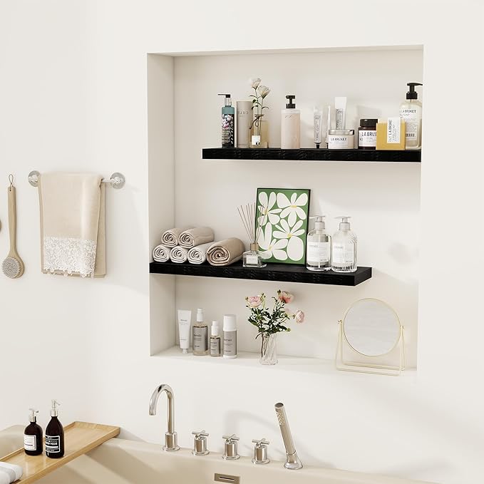 Fun Memories Floating Shelves for Wall, 24" Rustic Wood Deep Wall Mounted Shelves with Invisible Brackets for Decor & Storage, Floating Shelf for Living Room, Bathroom (Black, Set of 2)-Ruum Studio Home