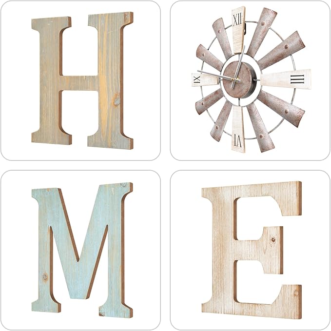 ZAZIWZ Farmhouse Home Signs with Windmill Clock Wall Decor Rustic Home Letters Wall Art for Living Room Kitchen Entryway Dining Room Bedroom (mix color)-Ruum Studio Home