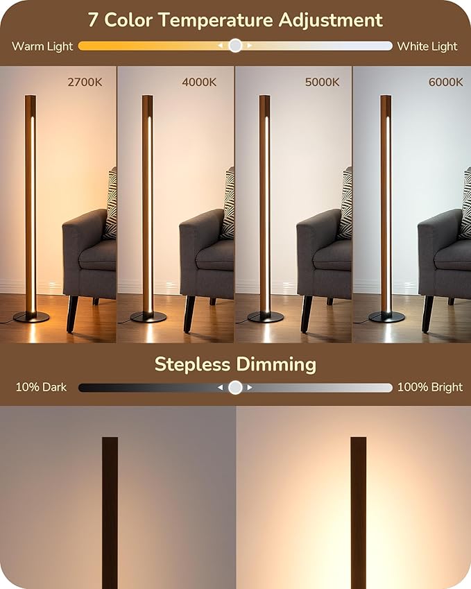 EDISHINE Wood Floor Lamp, Upgraded Dual-Sided Lighting, Minimalist Floor Lamps for Living Room, Corner Floor Lamp with Remote/Foot Control, 7CCT & Dimmable Corner Lamp for Bedroom, Office, Walnut Wood-Ruum Studio Home