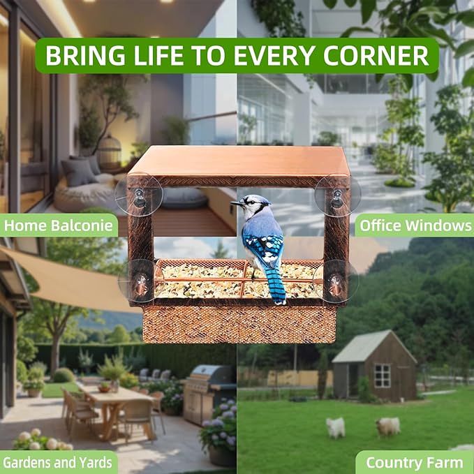 Window Bird Feeder with Strong Suction Cups, Metal Bird Feeders for Outdoors Birdwatching Gifts for Cats & Nature Lovers-Ruum Studio Home