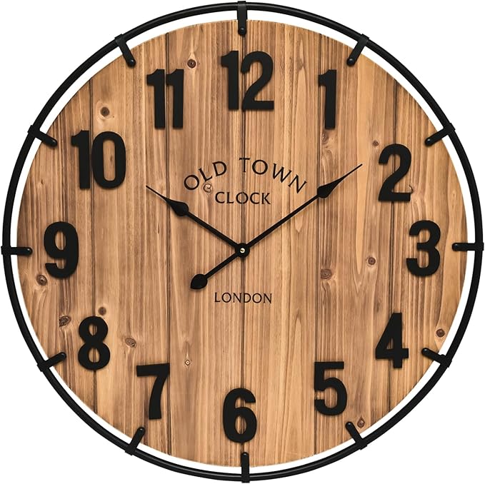 Large Old Town Farmhouse Wall Clock 20 Inches - Rustic Antique Wood with Metal Circle and Large Numerals Silent Battery Operated Wall Clock for Office Kitchen Bedroom Living Room-Ruum Studio Home