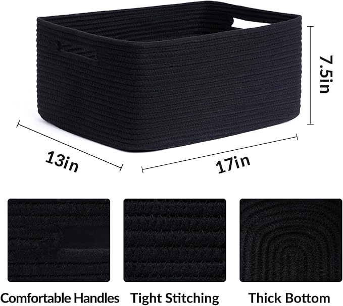 Large Storage Baskets for Shelves, Closet Organizers Bins for Clothes Blanket Towels, Baby Nursery, Toy Baskets Box, Woven Rope Baskets, 17 x 13 x 7.5”, 2 Packs Black-Ruum Studio Home