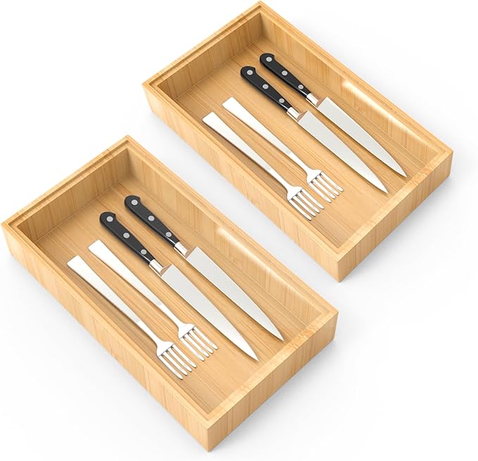 Bamboo Drawer Organizer, 2PCS Stackable Storage Boxes for Utensil Organizer, Wood Tray for kitchen, Bathroom and Bedroom 12" x 6" x 2"-Ruum Studio Home