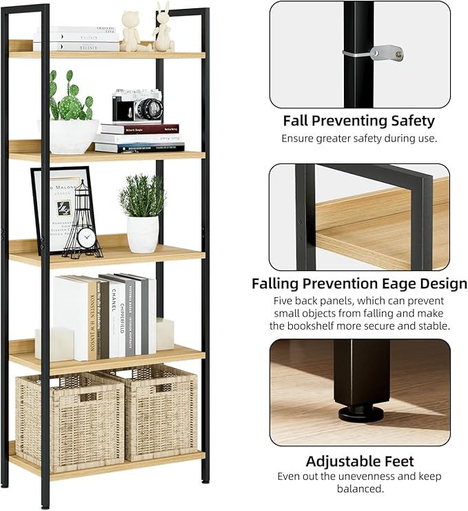 NUMENN Bookshelf, 5 Tier Bookshelves, Home Office Bookcase Shelf Storage Organizer, Free Standing Storage Shelving Unit for Bedroom, Living Room and Home Office, Natural-Ruum Studio Home