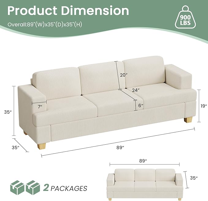 2 Pieces Corduroy Couch Set for Living Room, 5 Seats Cloud Sofa, Deep Seat Floor Couch for Bedroom, Futon Modern Sofa Bed, White Corduroy-Ruum Studio Home