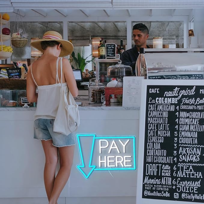 Pay Here Neon Sign Bright Ice Blue White Pay Light Up Sign for Business Decor Dimmable LED Words Neon Light for Restaurant Shop Bar Neon Wall Decor (16.5 * 12.8 In)-Ruum Studio Home