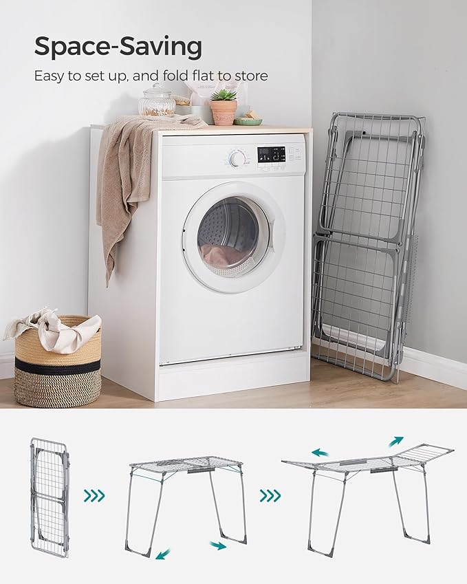SONGMICS Clothes Drying Rack Foldable, Gullwing Laundry Drying Rack, Space-Saving, 22.2 x 68.1 x 38 Inches, Sock Clips, Metal Structure, for Clothes, Towels, Linens, Indoor, Outdoor Gray ULLR518G01-Ruum Studio Home