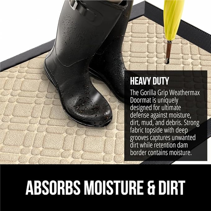GORILLA GRIP 100% Waterproof All-Season WeatherMax Doormat 35x23, US Designed Natural Rubber, Stain and Fade Resistant, Low Profile Indoor Outdoor Door Mats, Easy Clean Patio Mat, Modern Latte-Ruum Studio Home