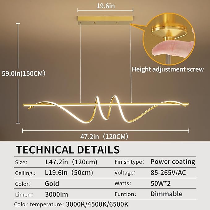 Modern Design Dimmable Desk Linear Pendant Light, with Remote Control Dimmable 3 Color Mode & Brightness Ceiling Lamp, Anti-Flicker Dining Light Fixture for Kitchen, Dining Room (Gold, 47IN)-Ruum Studio Home
