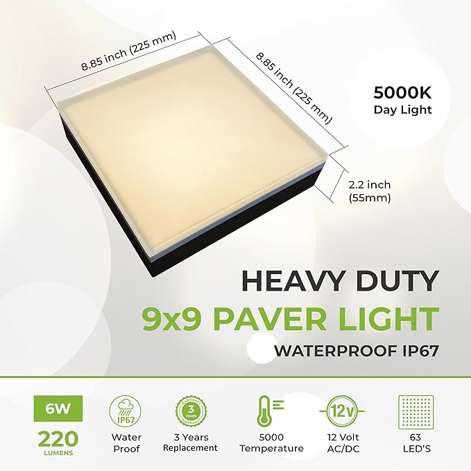 LUMENGY Paver Light 9×9 Inch (8.85 x 8.85 inches), 2700K Warm White Glare-Free Illumination for Driveways, Pathways, Pool Deck & Patios,12V AC/DC, Waterproof & Drive-Over Rated-Ruum Studio Home