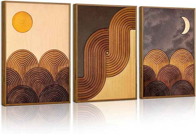 Tinonedraw Boho Mountain Framed Canvas Wall Art Set, Mid Century Modern Geometric Line Wall Decor, Bohemian Sun and Moon Art Paintings, Beige Brown Wooden Artwork for Living Room Bedroom Office 16"x24"x3-Ruum Studio Home