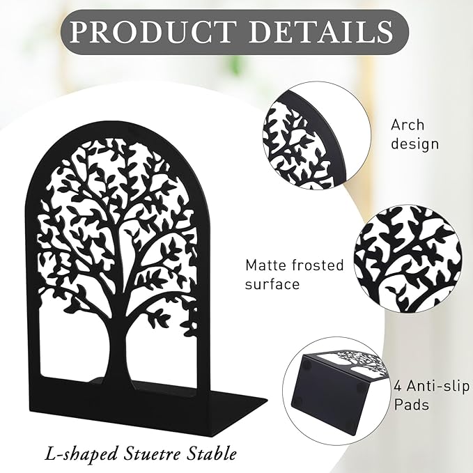 Faccito 5 Pairs Book Ends, Black Metal Bookends for Shelves Decorative, Non Skid Tree Stopper and Flower Shelf Holder for Heavy Books, Home Office School Supplies (Classic)-Ruum Studio Home