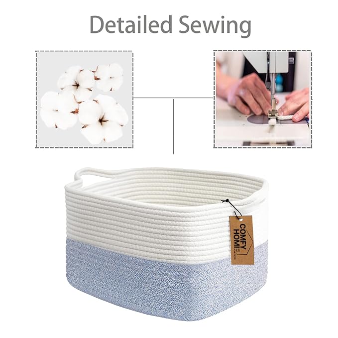 COMFY-HOMI Cotton Rope Woven Basket with Handles for shelf，Toy, Book, Cloth Storage Basket for Organizing-13.5"X11"X9.5" Storage Bin for Living Room, Newborn or Infant Gift for boy girl （White/blue）-Ruum Studio Home