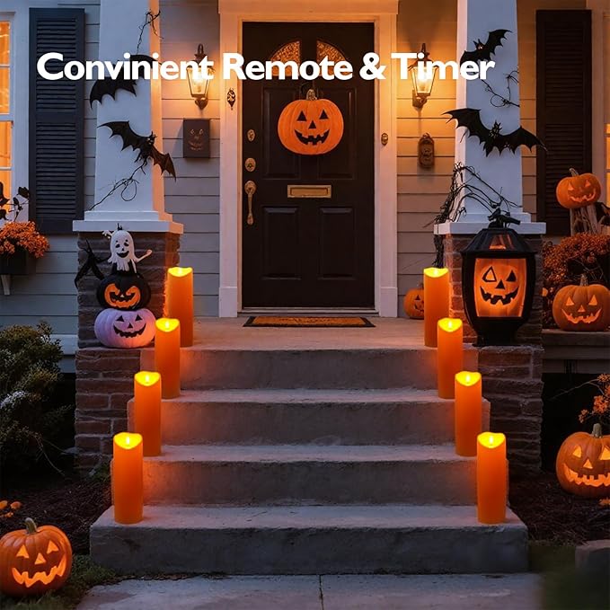 Homemory 4"x12" Halloween Orange Flameless Candles, Fall Candles, Outdoor Waterproof Flameless Candles with Remote and Timers, Battery Operated LED Pillar Candles, Won't Melt Plastic, Set of 2-Ruum Studio Home
