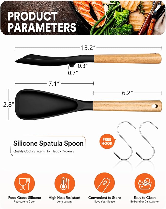 Cooking Spoon for Nonstick Cookwares, Great for Cooking and Serving Sturdy BPA-Free Matte Silicone, Wood Handle Spoon for Mixing, Scoop, and Scrape (Black & Grey, 13.4 inch)-Ruum Studio Home