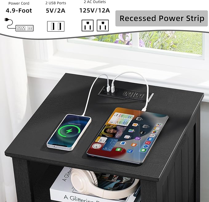 18" Farmhouse Night Stand with Charging Station, 2 Drawers End Table Dresser for Bedroom, Black Wooden Nightstand, Bed Side Table with Open Shelf, Bedside Cabinet for Living Room, Closet-Ruum Studio Home