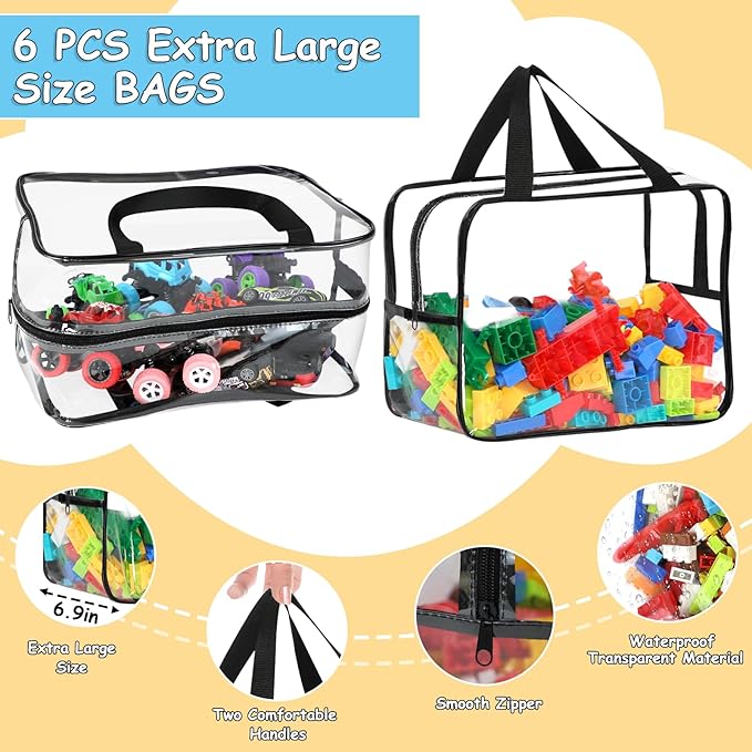 6 Packs Widen X-Large Toy Storage Bags 12.6×9.25×6.9In with Labels, Reusable Clear PVC Board Game Storage, Travel Waterproof Organizer Bags with Zipper for Building Blocks, Puzzle, Stuffed Animals-Ruum Studio Home