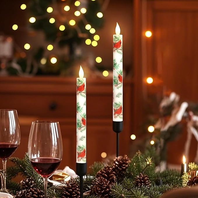 Cardinal Bird Flameless Taper Candles with Remote - Red Bird Theme LED Taper Candles for Home Xmas Holiday Party Christmas Decoration - 2PCS 9.5INCH-Ruum Studio Home