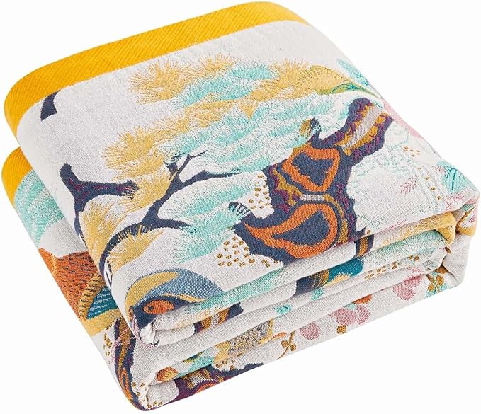 Fall Throw Blanket for Couch, Yellow Boho Decorative Throw Blanket, 100% Cotton Muslin Breathable Woven Farmhouse Blankets Quilt, 90"x98" Reversible Lightweight Blankets Bohemian Throw Quilt-Ruum Studio Home