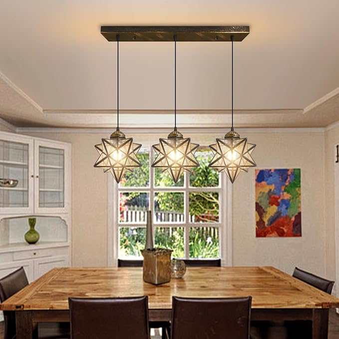 Glam Chandelier 3 Lights Glass Star Pendant Lights for Dining Table Kitchen Island Modern Ceiling Hanging Lights Included LED Warm Light Bulbs Oiled Bronze-Ruum Studio Home