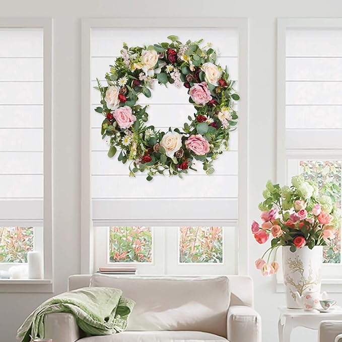 WANNA-CUL 24 Inch Large Spring Rose Wreaths for Front Door,Spring Front Door Wreath with Pink and Wine Red Floral Door Wreath with Eucalyptus Leaves for Wedding or Indoor&Outdoor Decorations-Ruum Studio Home