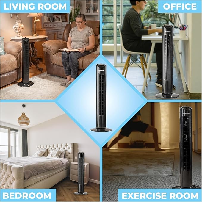 Comfort Zone 32-Inch Bladeless Tower Fan with 3 Speeds, 90° Oscillation, Portable Indoor Stand Fan with Built-In Carry Handle – Quiet Cooling for Bedroom, Black-Ruum Studio Home