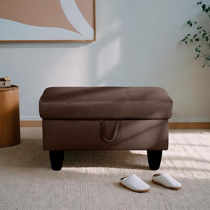 Ottoman Rectangular Storage Ottoman Bench, Flannel Footrest Stool Footstool with Lid for Living Room, Bedroom, Entryway, Chocolate, 28.5"x19"x17.5"-Ruum Studio Home