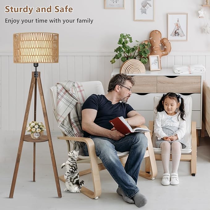 Boho Tripod Floor Lamps for Living Room, Rattan Wood Floor Lamp with Fabric Shades, Mid Century Standing Lamp with Shelf, Foot Switch, Modern Farmhouse Tall Lamps for Bedroom Office Brown-Ruum Studio Home