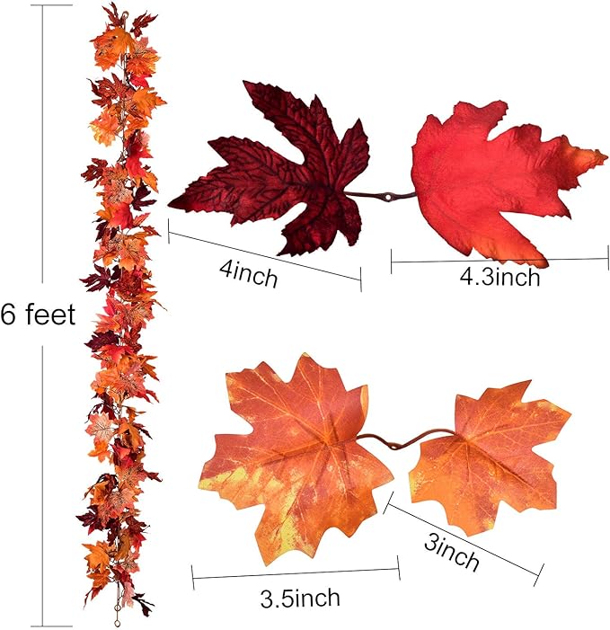 Lvydec 2 Pack Maple Leaves Fall Garland - 6ft/Strand Artificial Fall Foliage Garland Colorful Autumn Decoration for Home Wedding Party Thanksgiving-Ruum Studio Home