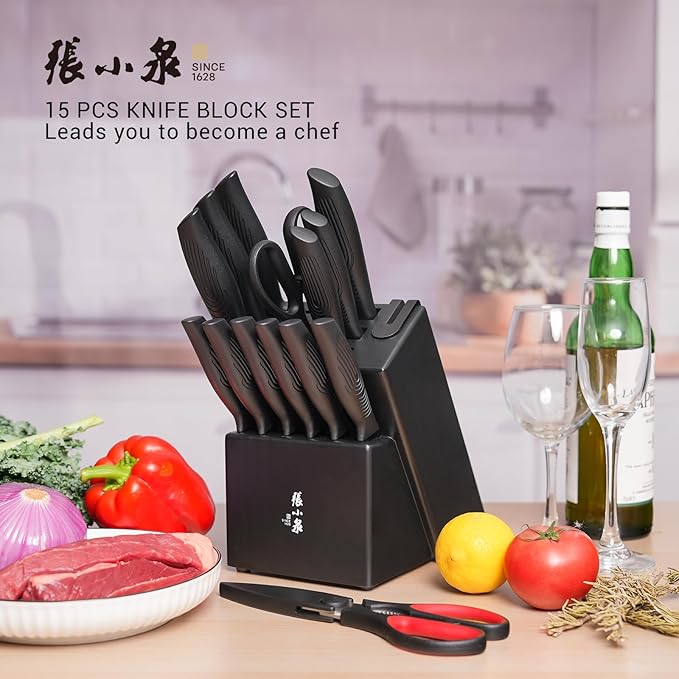 ZHANG XIAO QUAN SINCE 1628 15Pcs Knife Sets for Kitchen with Block,Knife Set with Built-in Sharpener Dishwasher Safe（Master A）-Ruum Studio Home