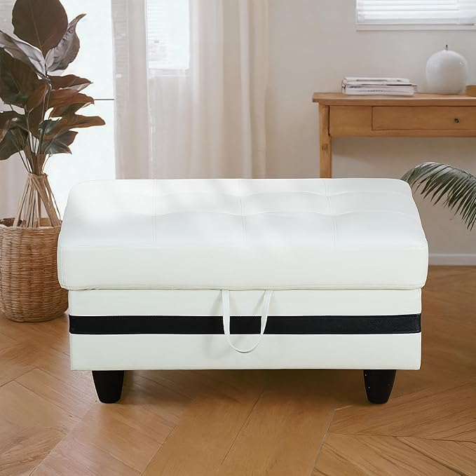 Ottoman Rectangular Storage Ottoman Bench, Faux Leather Footrest, Coffee Table, Stool Footstool with Hinged Lid for Living Room, Bedroom, Entryway, White with Black Strip, 35"x23.5"x17.5"-Ruum Studio Home