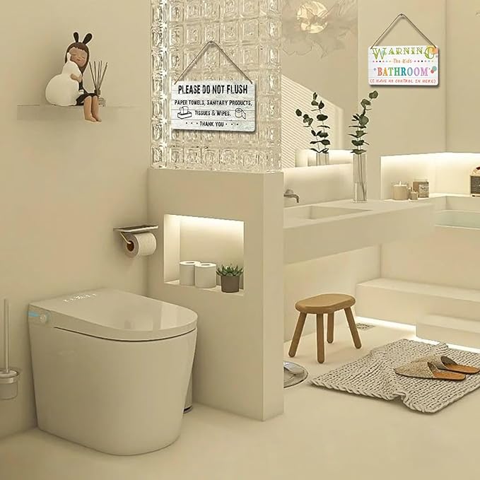 Do Not Flush Sign for Bathroom Toilet Signs Please Do Not Flush Paper Towels, Sanitary Products, Tissues & Wipes Vintage Bathroom Wooden Signs for Home Decor Funny Toilet Restroom Sign 12x6 Inch-Ruum Studio Home