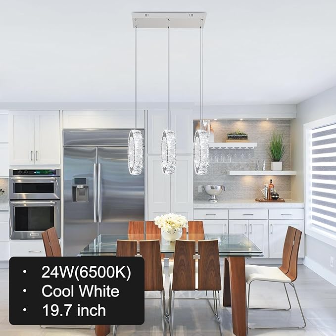 Buccleuch 3-Ring Crystal Chandelier, Dimmable LED Pendant Light Fixture Adjustable Stainless Steel Pendant Light, Silver Crystal Chandeliers for Dining Room, Bedroom, Living Room-Ruum Studio Home