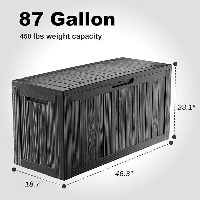 87 Gallon Deck Box Large Outdoor Storage for Patio Furniture,Outdoor Cushions,Garden Tools and Pool Supplies,Waterproof,Resin,Lockable(Black)-Ruum Studio Home