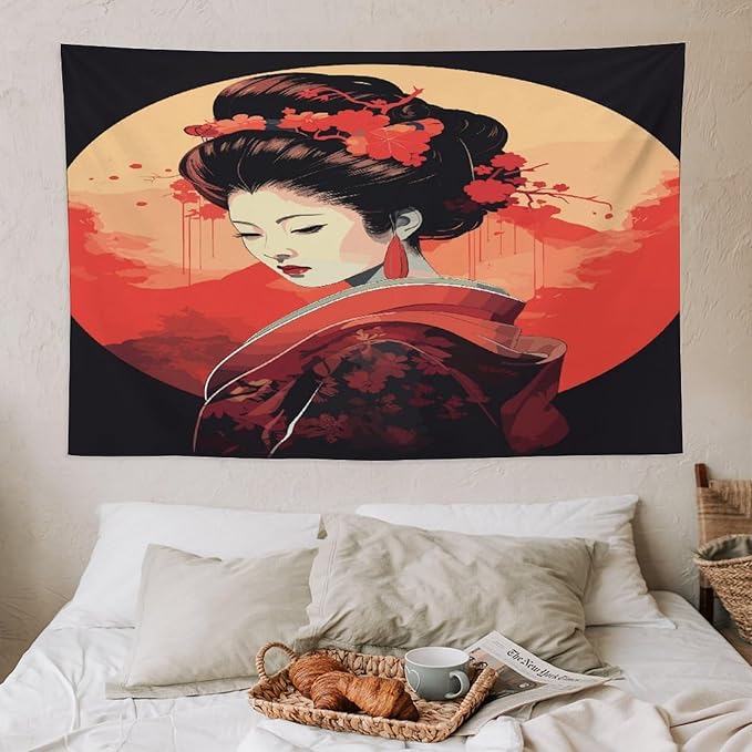 Japanese Woman Geisha Tapestry Asian Cherry Blossom Red Sun Traditional Kimono Folk Tapestries Home Decor for Living Room Bedroom Apartment Farmhouse Dorm 60"x40"-Ruum Studio Home