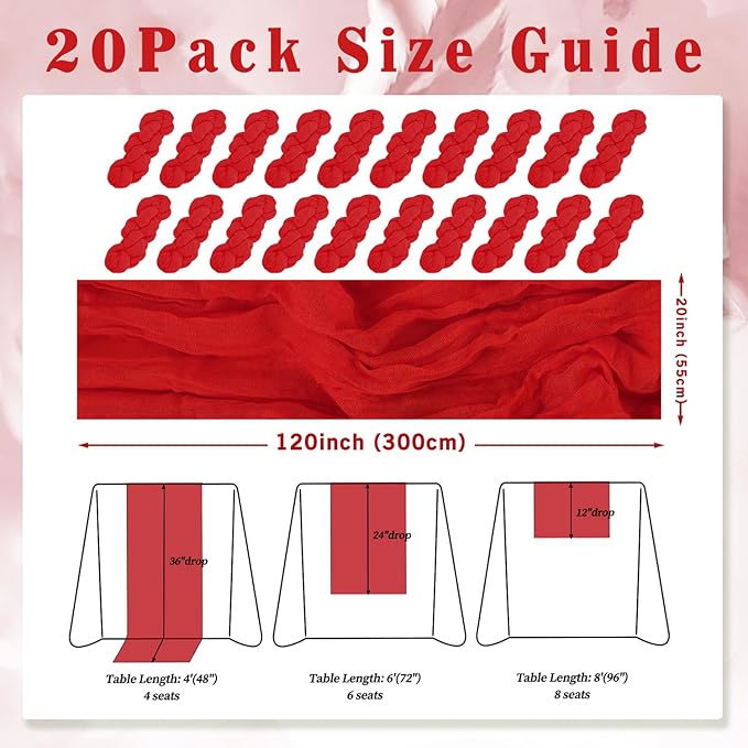 20 Pack Red 10FT Cheesecloth Table Runner Rustic Gauze Fabric Cheese Cloth Table Runner for Wedding Bridal Baby Shower Table Decor Boho Sheer Birthday Party Table Decorations 20 x 120 Inch Long-Ruum Studio Home