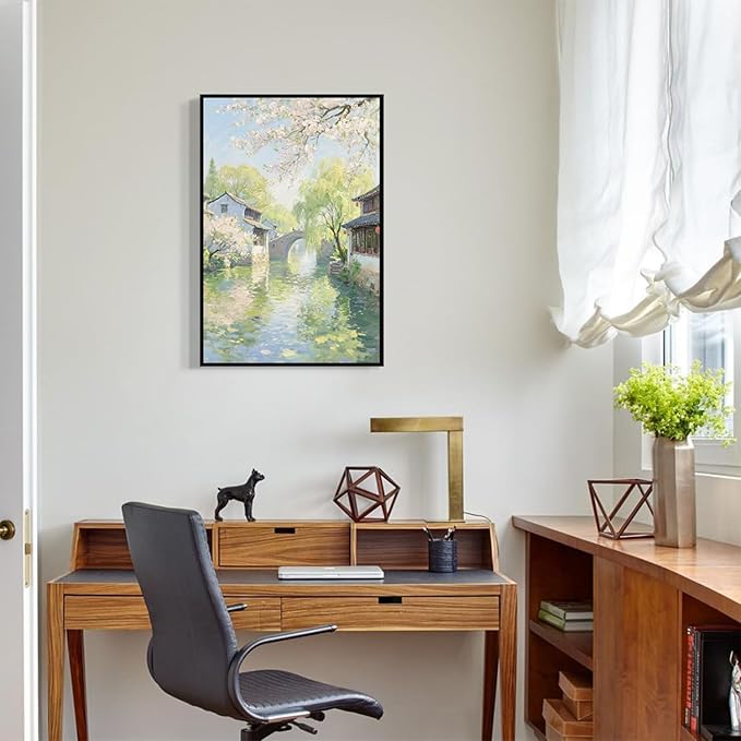 Small bridge stream house Jiangnan style landscape poster suitable for living room bedroom office natural oil painting poster-Ruum Studio Home