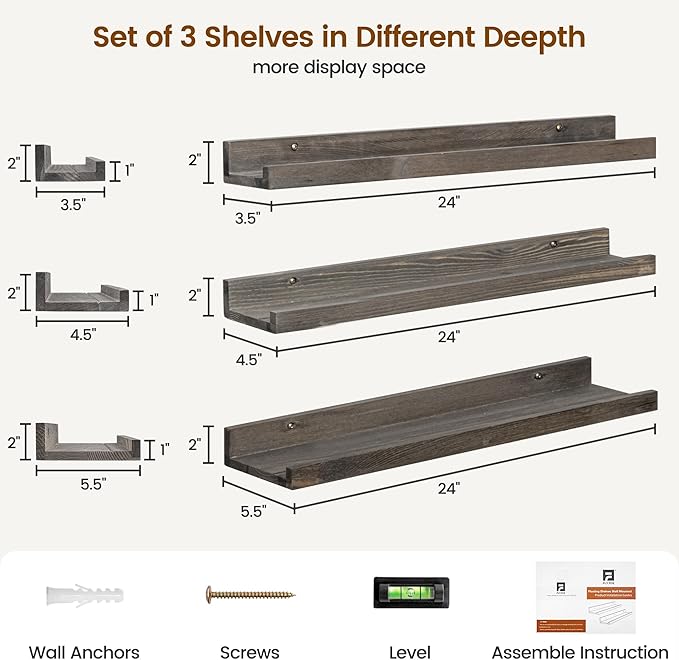 Picture Ledge Wall Shelves - 24 Inch Width Set of 3, Solid Pine Wood Rustic Floating Ledge Shelves for Kids' Room, Bedroom, Kitchen, Bathroom, Living Room, Nursery Display Wall Decor, Grey-Ruum Studio Home