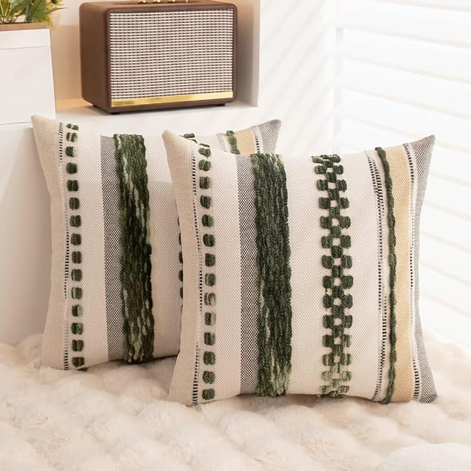 Boho Throw Pillow Covers 18x18 Set of 2 Christmas Decorative Cushion Case Striped Square Pillows Cover Chenille Pillow Cases Accent Neutral Pillowcase for Sofa Couch Bed,Dark Green-Ruum Studio Home