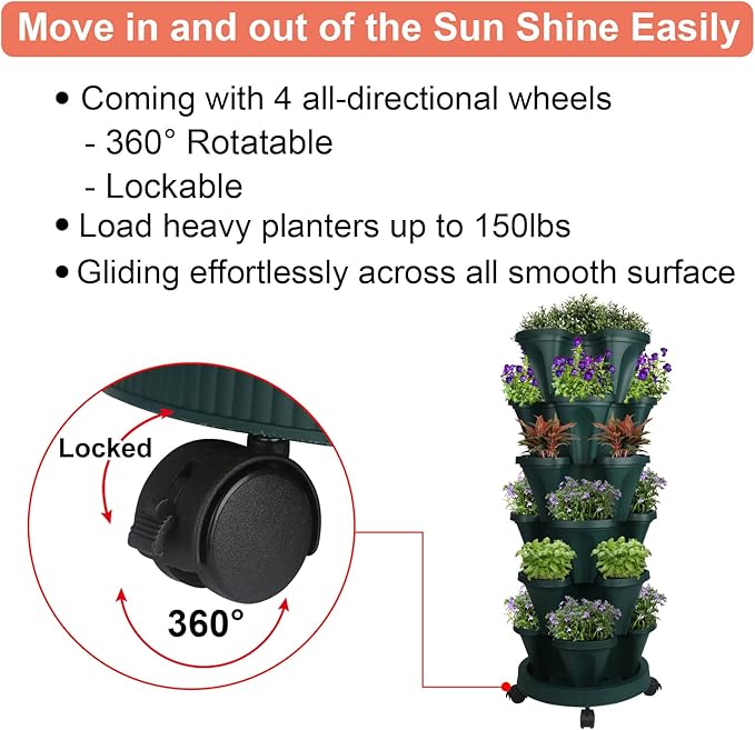 Vertical Planter 6 Tier Stackable Planters Garden Planters Strawberry Herb Flower and Vegetable Planter Indoor Outdoor Gardening Pots with Removable Wheels and Tools-Ruum Studio Home